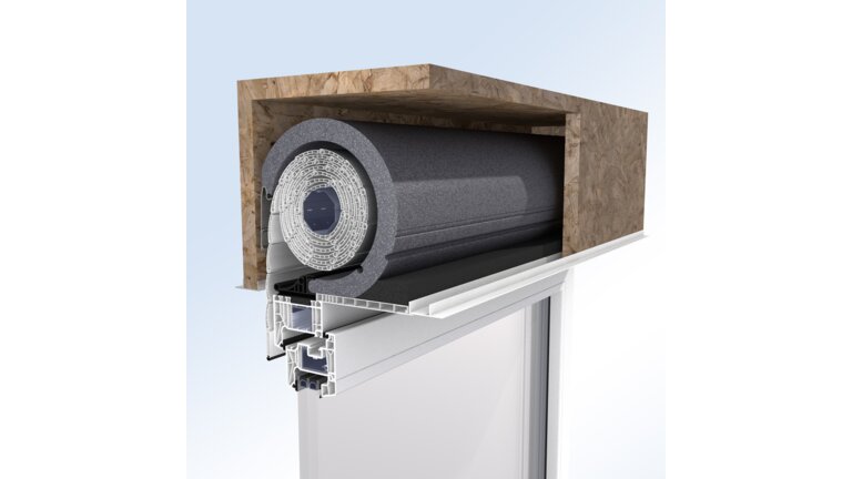 Ansicht eines Rollladenkastens mit Rollladen.